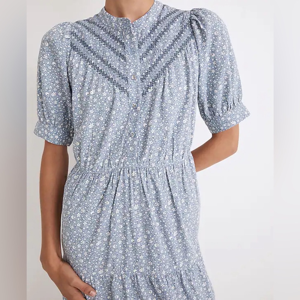 Madewell Embroidered Blue Puff-Sleeve Tiered Midi Dress Cottage Garden Blue XL
